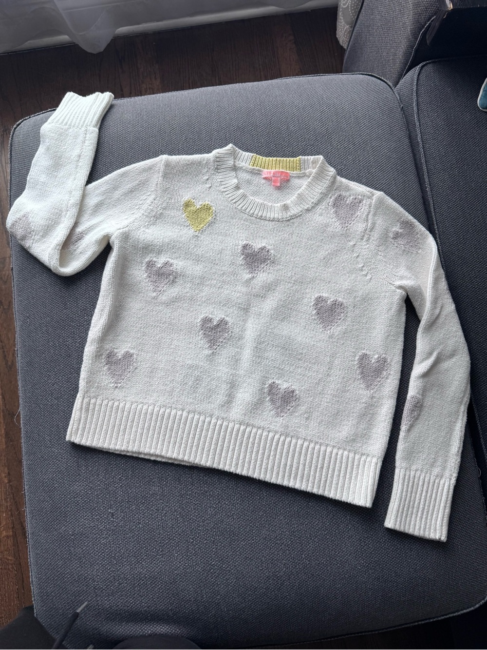 Lisa Todd Cream Crewneck Sweater with Lavender/gray and Yellow Hearts